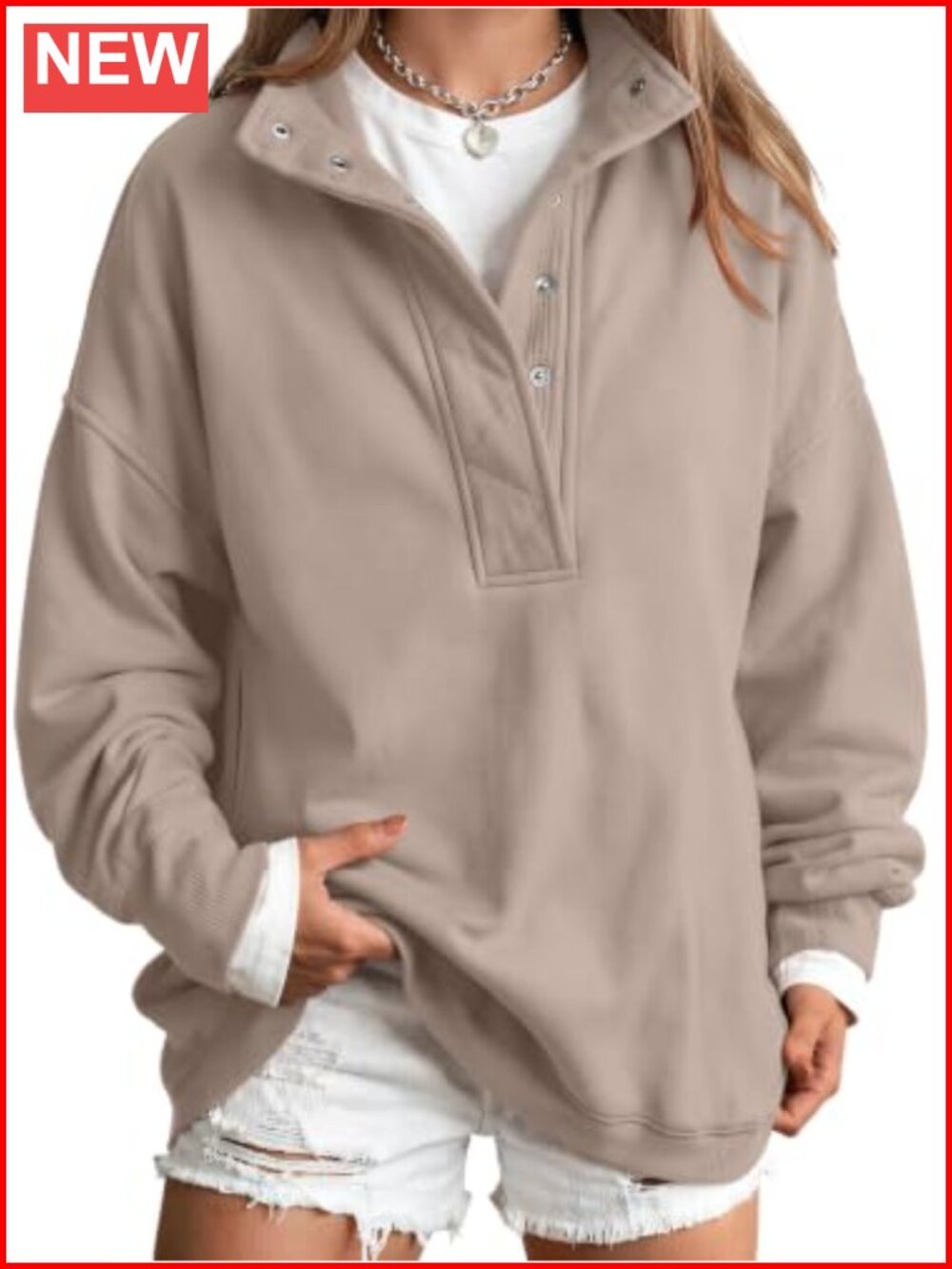 Womens Oversized Sweatshirt Henley Snap Button Cotton Blend Pullover